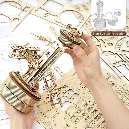 Robotime Rokr 3D Wooden Puzzles For Adults DIY Musical Box Model Kit To Build Self-Assembly Building Kit Airplane- Control Tower